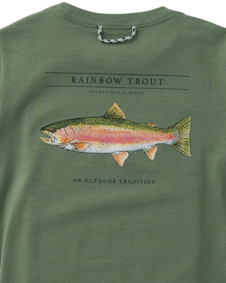 An olive green t-shirt featuring a large graphic of a rainbow trout on the chest, with the text &