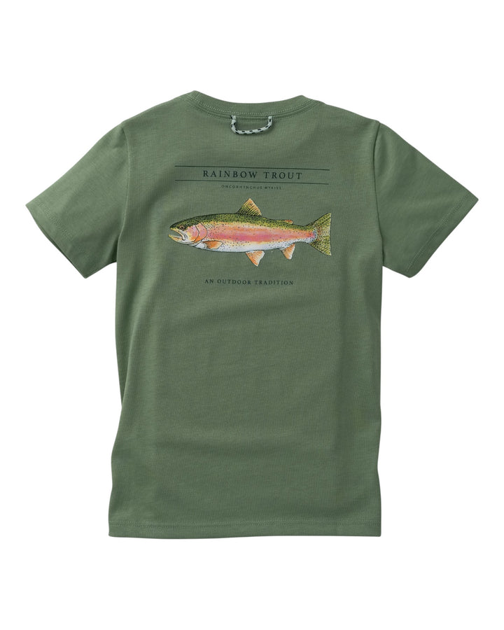 An olive green short-sleeve t-shirt featuring a large graphic print of a rainbow trout on the front, with &