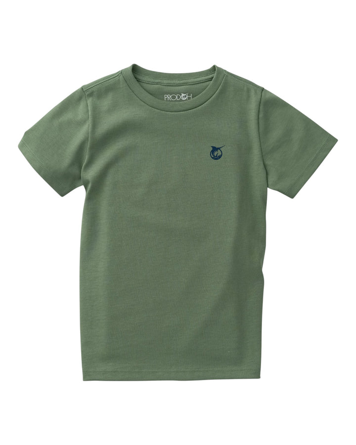 A sage green short-sleeve crewneck t-shirt with a small dark blue embroidered owl logo on the left chest, displayed flat against a solid white background, that store