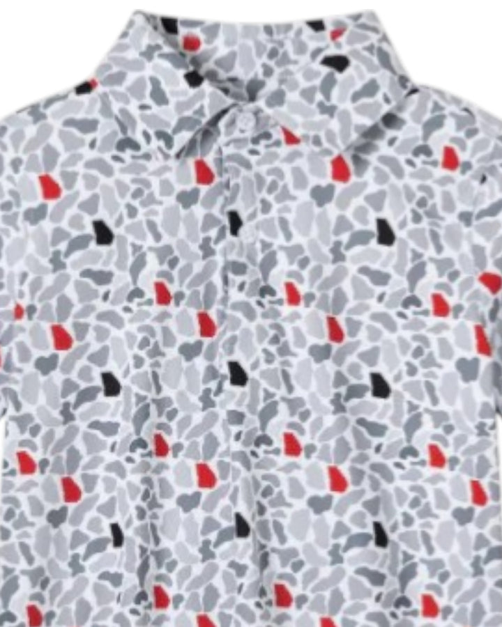 Shirt with a pattern of red, black, and gray shapes on a white background