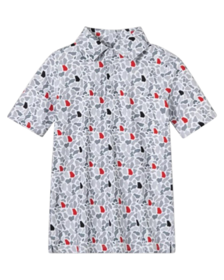 Short-sleeve shirt with a colorful pattern on a white background