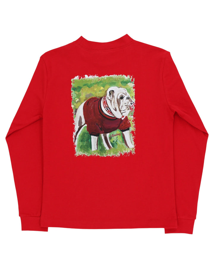 A bright red long-sleeve crewneck sweatshirt shown flat against a white background, featuring a central graphic print of an English Bulldog wearing a red sweater on a green background, that store