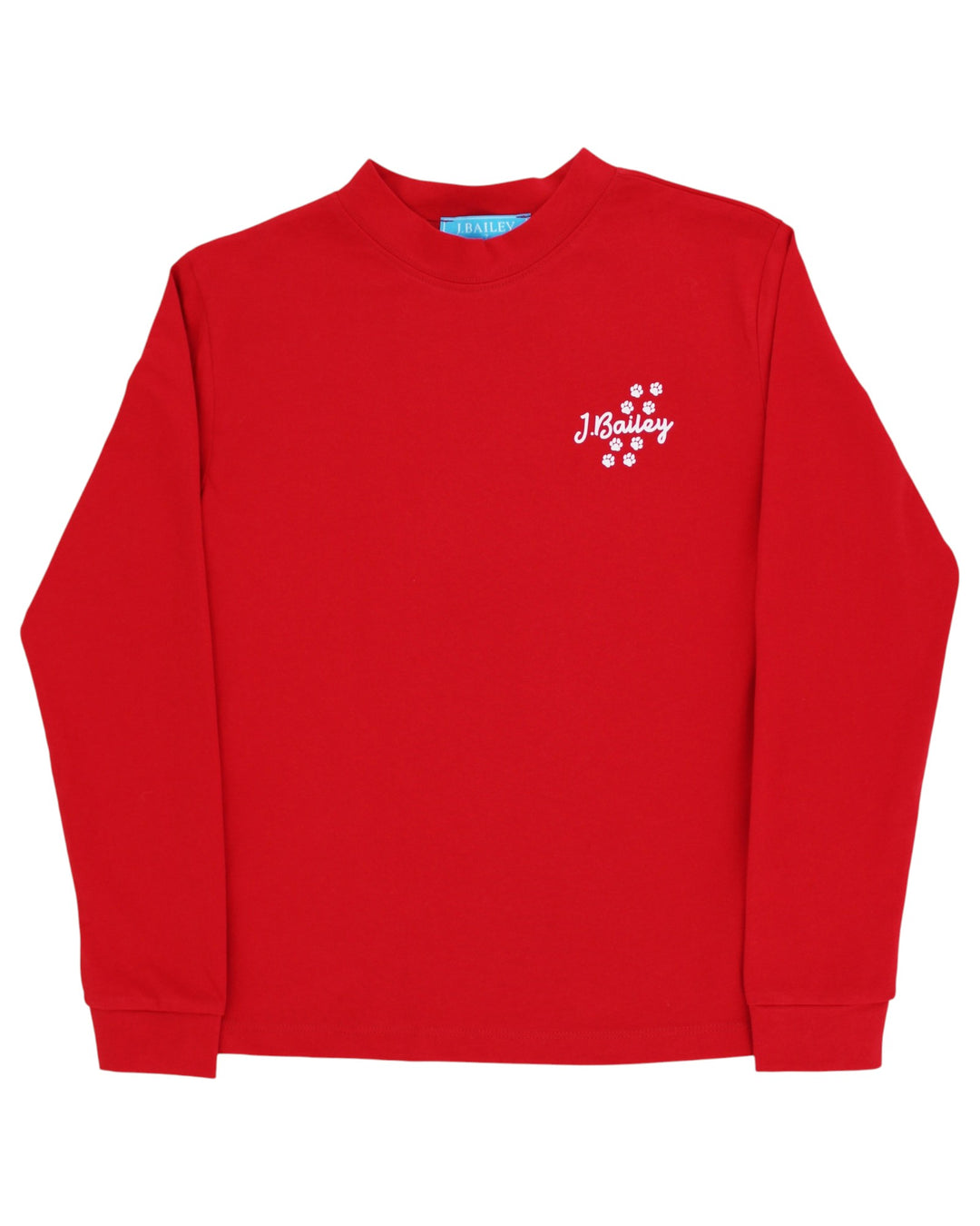 A bright red long-sleeve crewneck sweatshirt with a small white embroidered &
