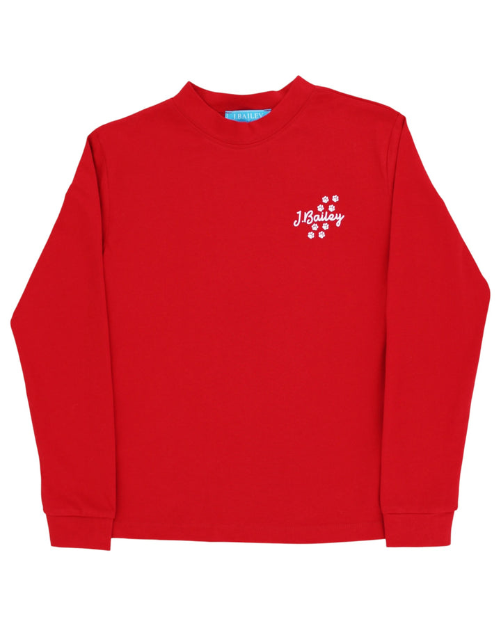 A bright red long-sleeve crewneck sweatshirt with a small white embroidered &