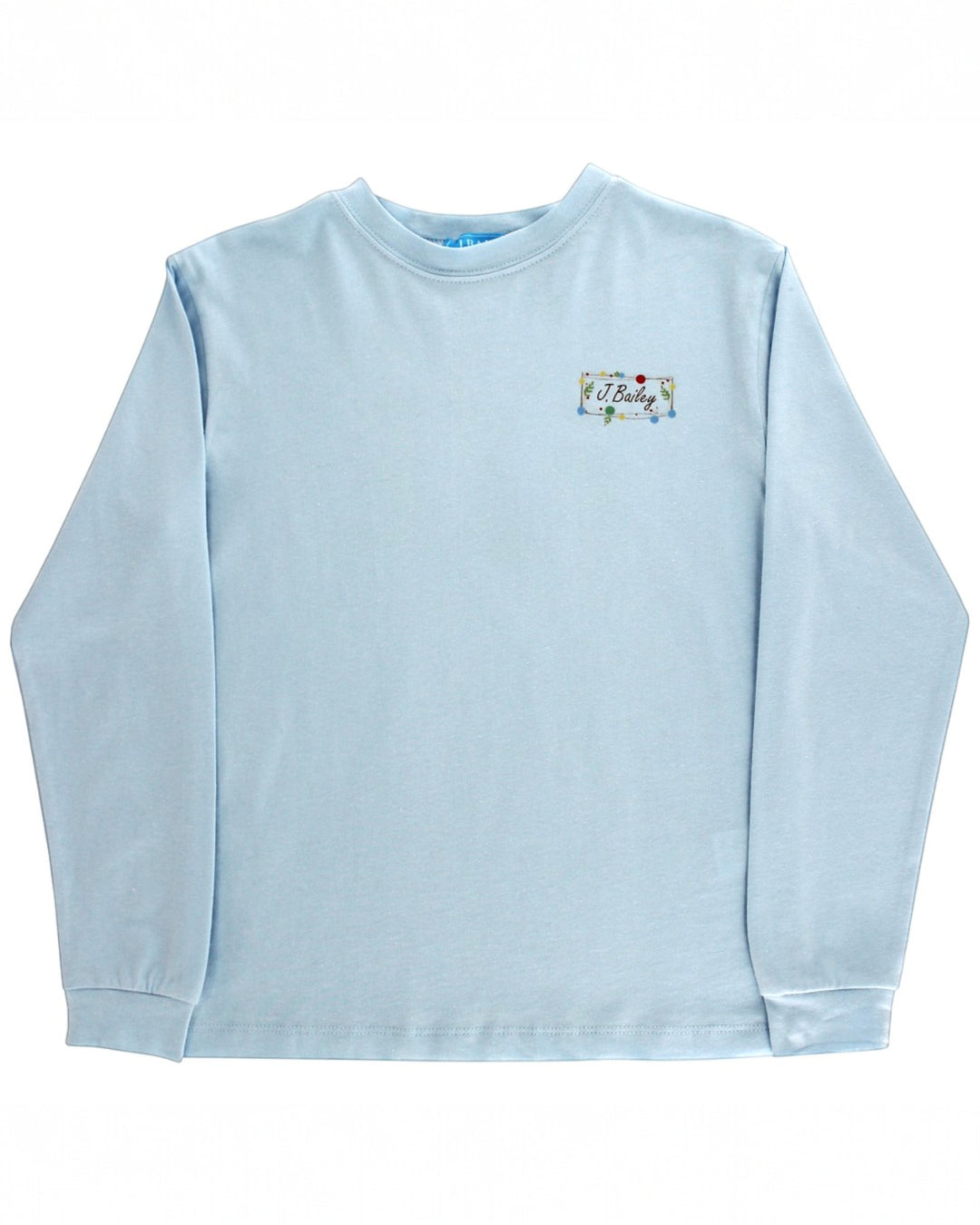 Light blue sweatshirt with a small logo on a white background