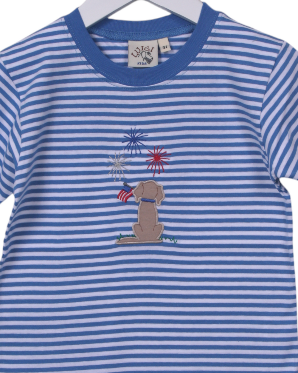 Lab Watching Fireworks Applique Blue Stripe Boys Shirt, That Store, close up