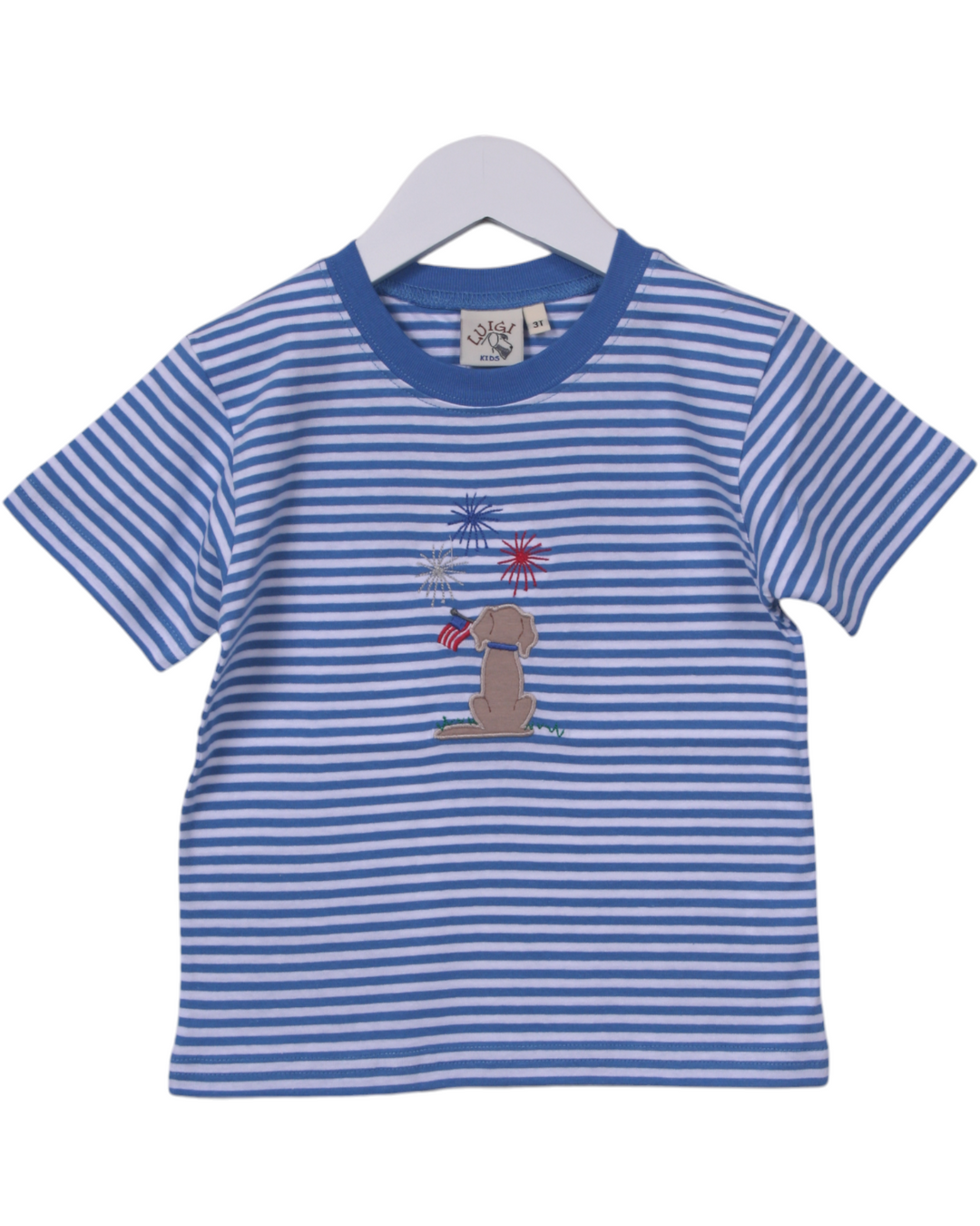 Lab Watching Fireworks Applique Blue Stripe Boys Shirt, That Store, front