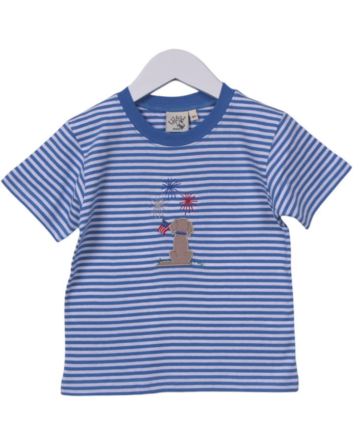 Lab Watching Fireworks Applique Blue Stripe Boys Shirt, That Store, front