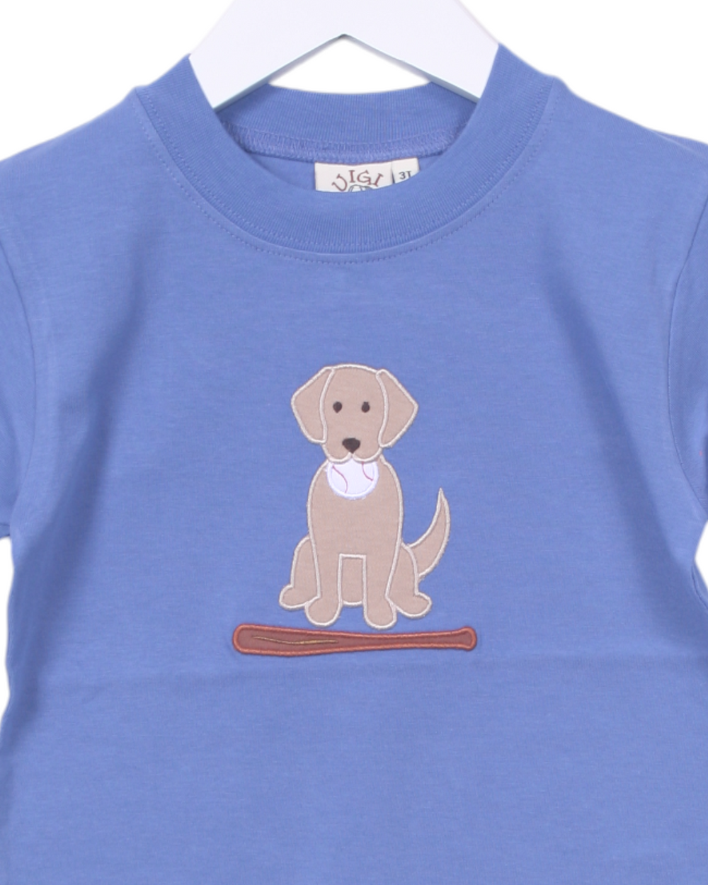 Lab with Baseball and Bat Applique Blue Boys Shirt, That Store, close up