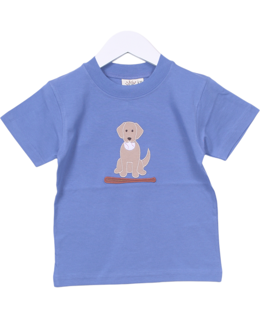 Lab with Baseball and Bat Applique Blue Boys Shirt, That Store, front