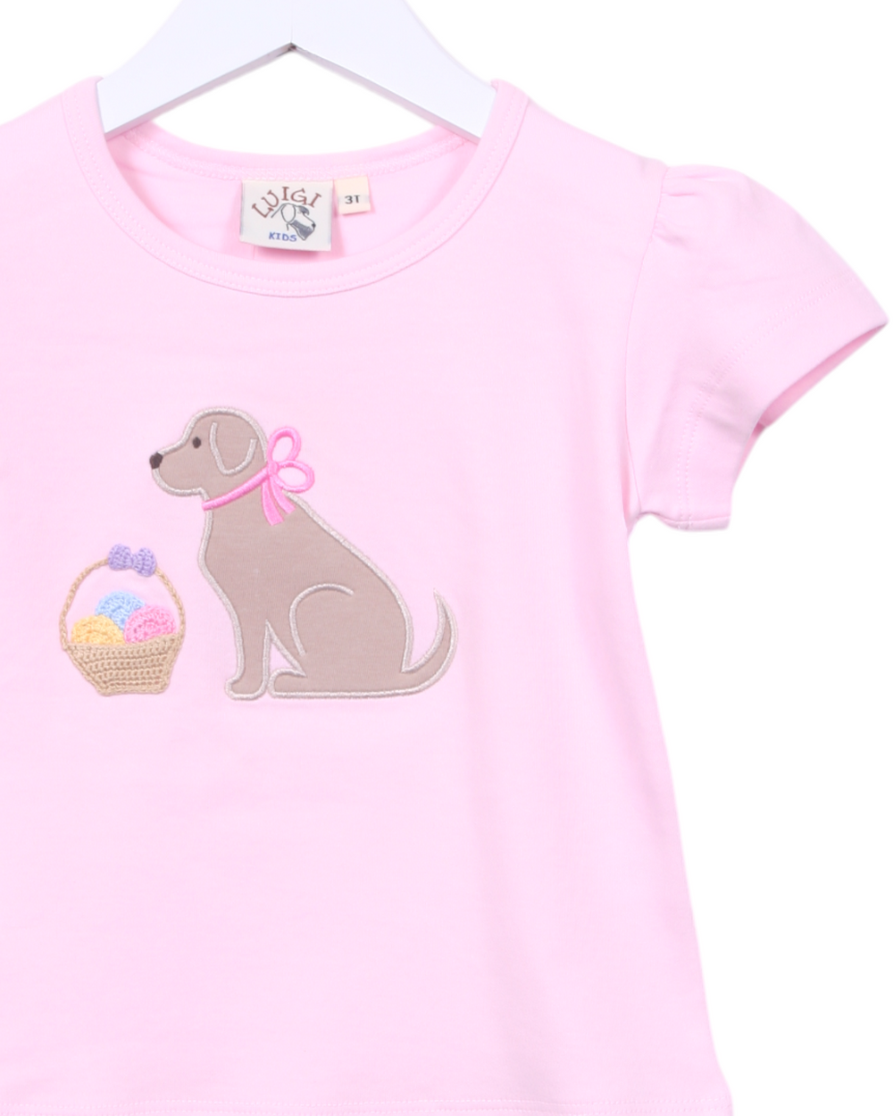 Lab with Easter Basket Girls Pink Shirt, Shop That Store, close up