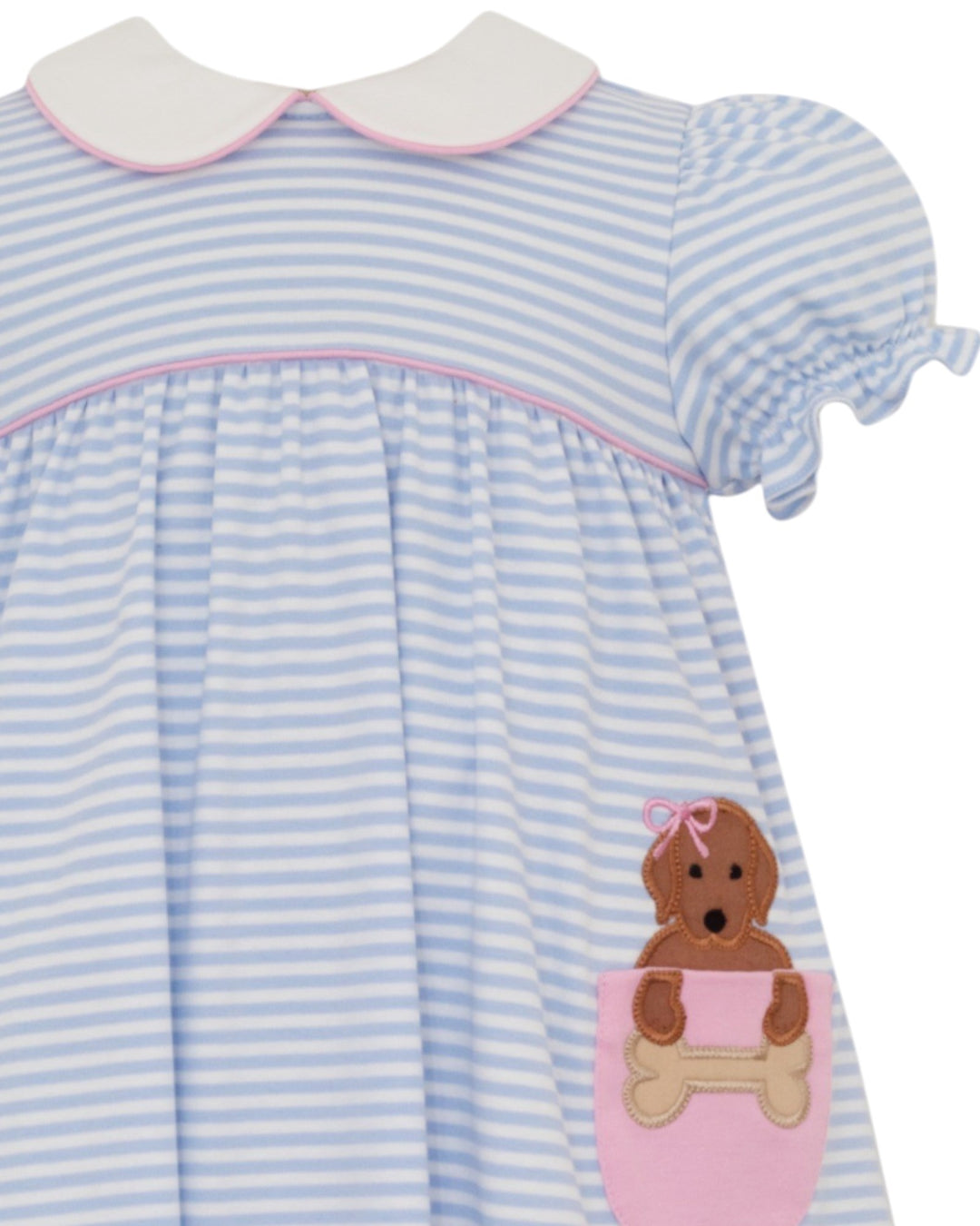 Blue and white striped dress with lab  design on a white background