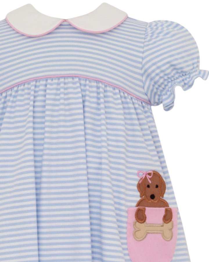 Blue and white striped dress with lab  design on a white background