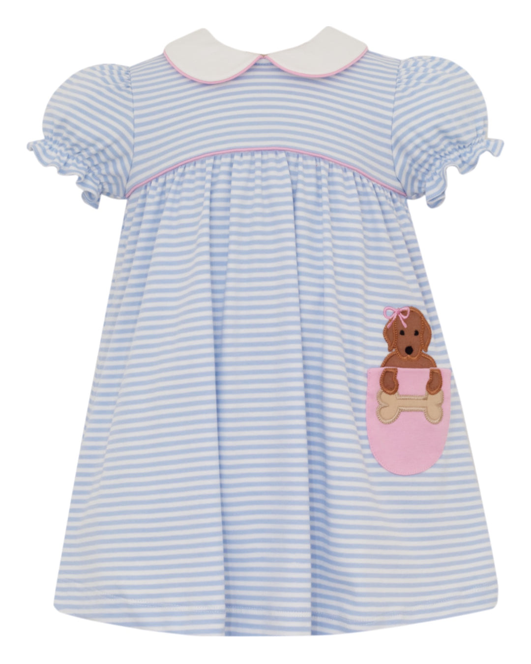 Blue and white striped dress with lab design on a white background