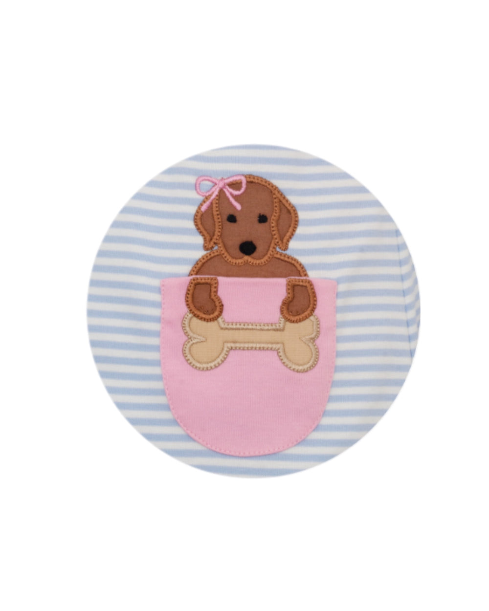 Round cushion with a brown dog design on a blue and white striped background