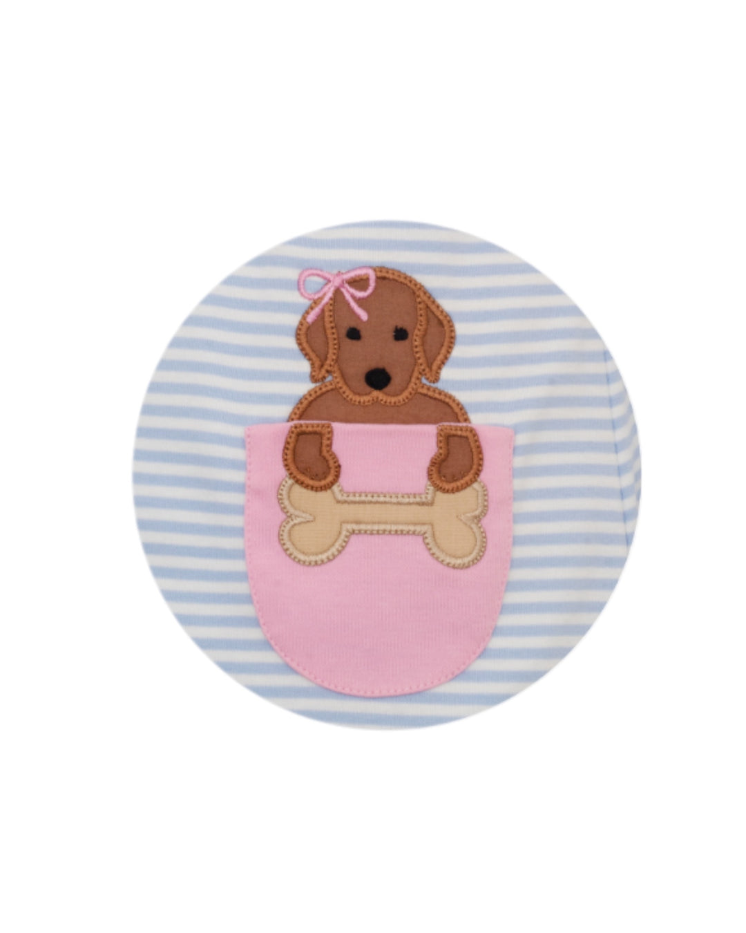 Round cushion with a brown dog design on a blue and white striped background