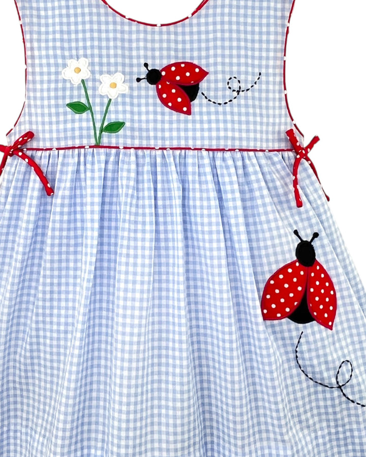 Children's dress with blue checkered pattern, red bows, and ladybug designs.