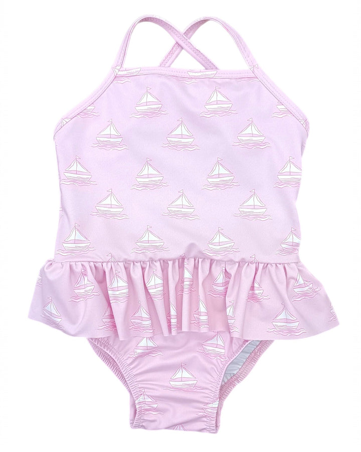 Lainey Set Sail Sailboat Skirted Girls One Piece Swimsuit, Shop That Store, front