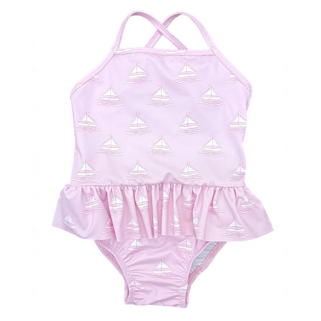 Lainey Set Sail Sailboat Skirted Girls One Piece Swimsuit, Shop That Store, front