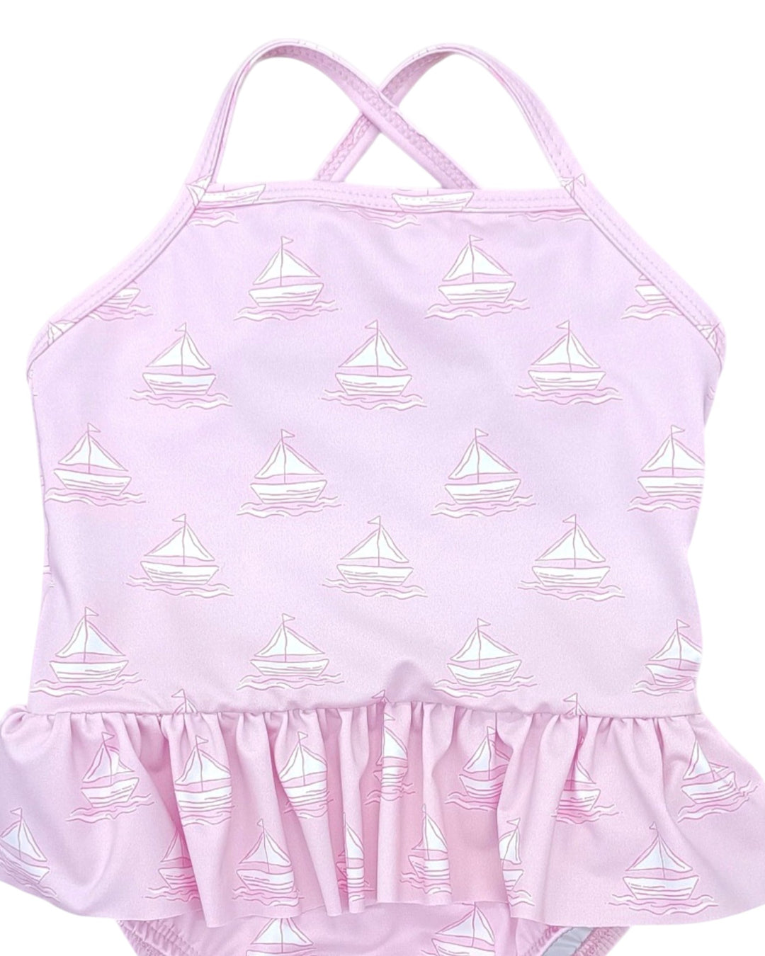 Lainey Set Sail Sailboat Skirted Girls One Piece Swimsuit, That Store, close up