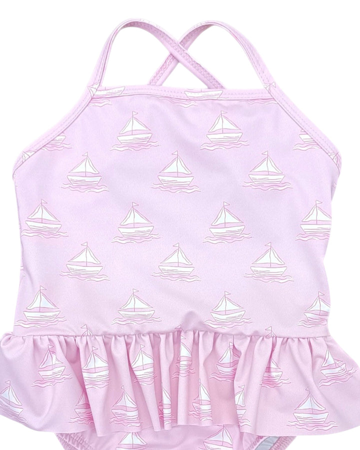 Lainey Set Sail Sailboat Skirted Girls One Piece Swimsuit, That Store, close up