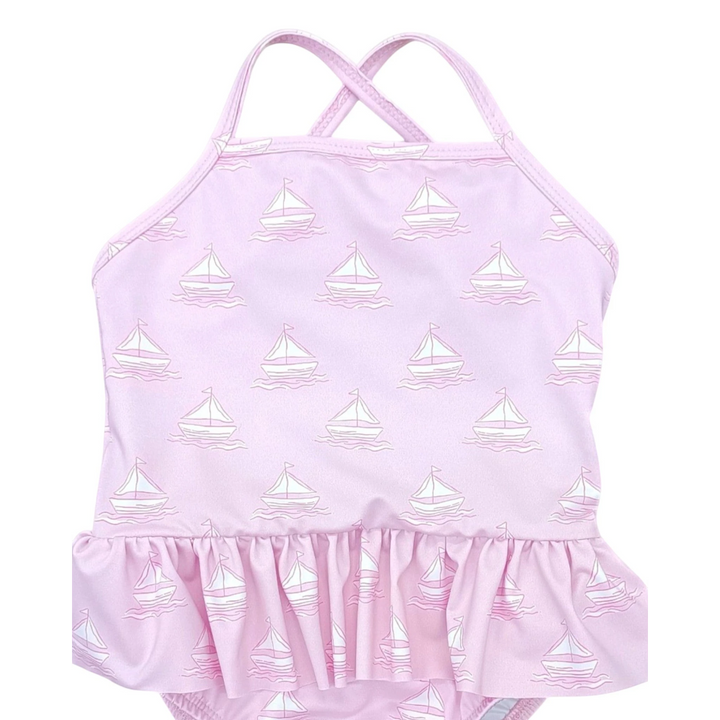Lainey Set Sail Sailboat Skirted Girls One Piece Swimsuit, That Store, close up