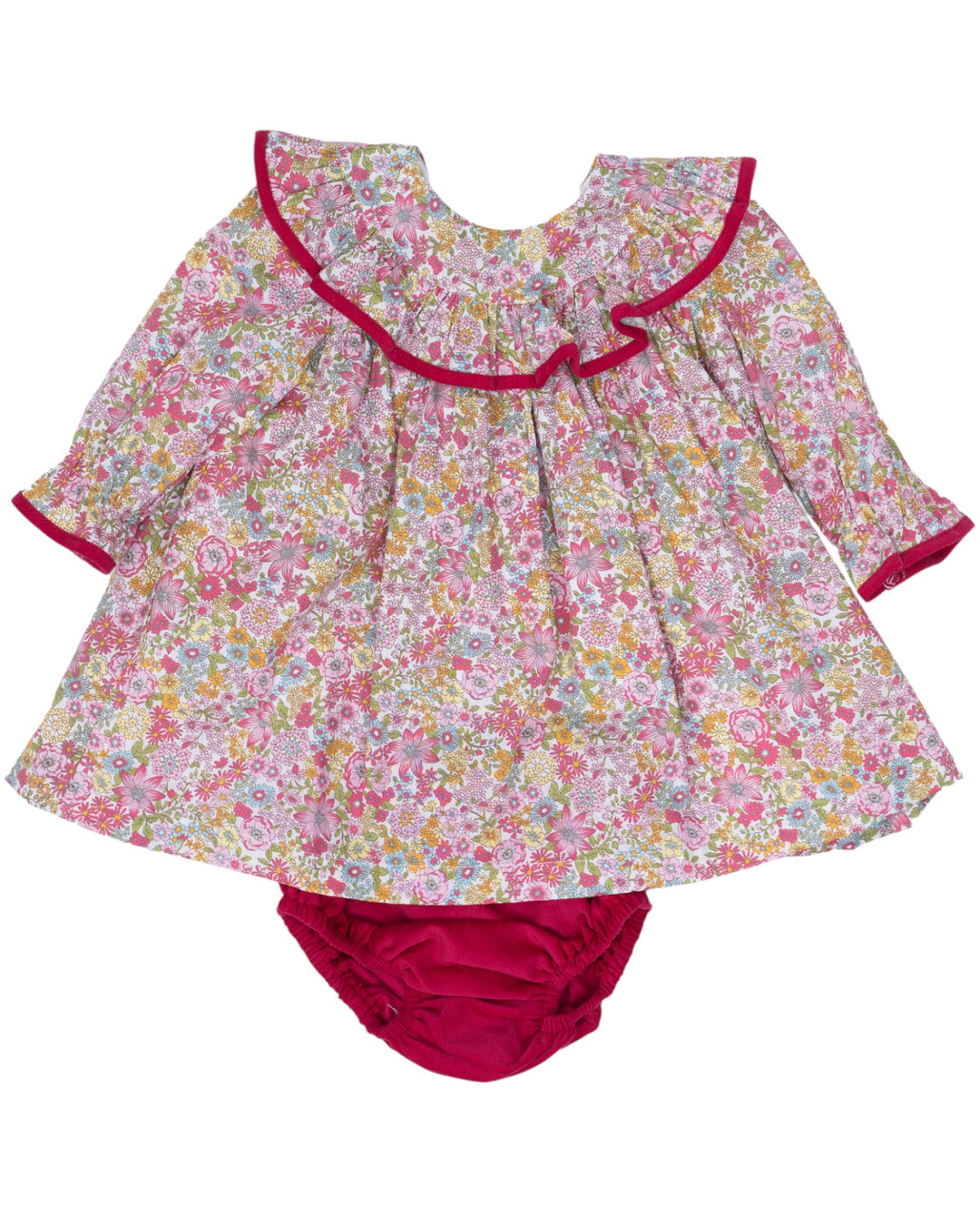 Floral baby dress with red trim and matching bloomers on a white background