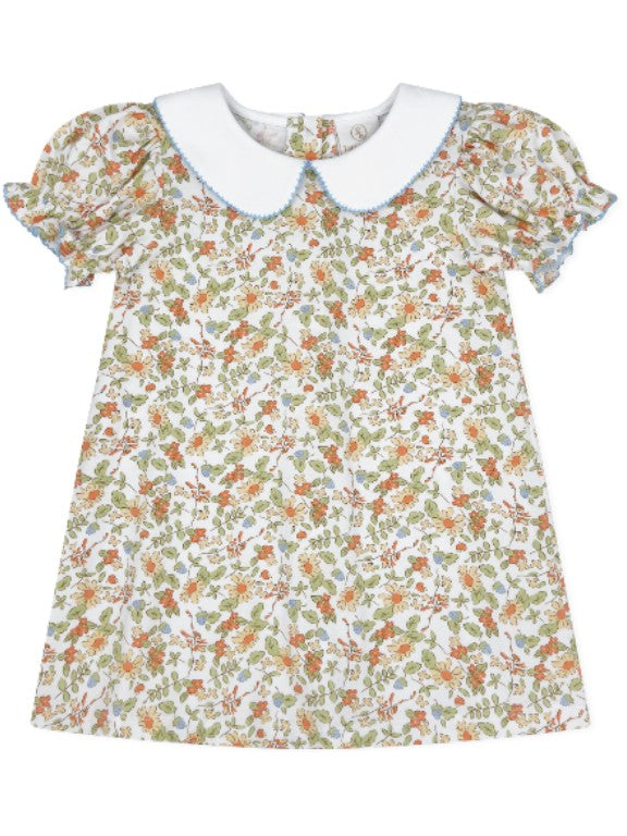 Floral dress with a white collar on a white background