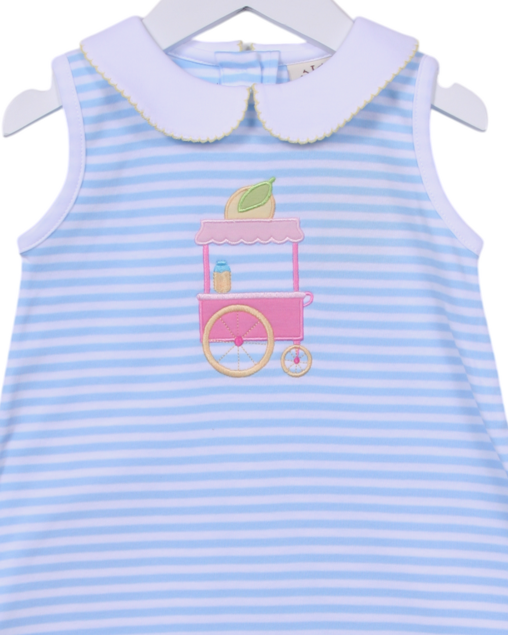 Lemonade Stand Cart Applique Blue Stripe Dress, That Store, close up