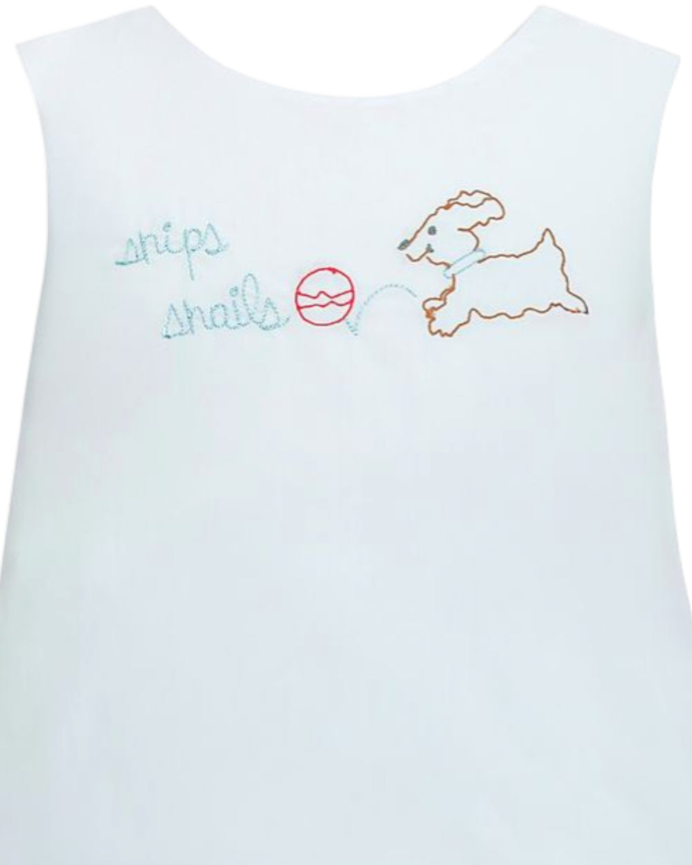 White sleeveless top with embroidered design of a dog and text on a white background