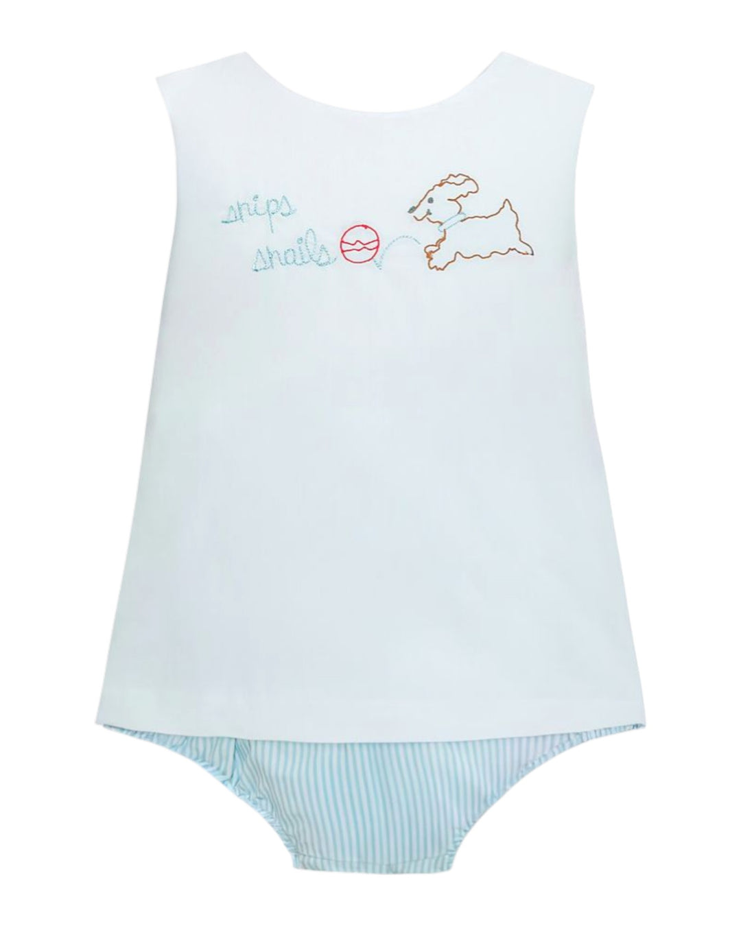 Light blue sleeveless top and diaper set with embroidered design on a white background