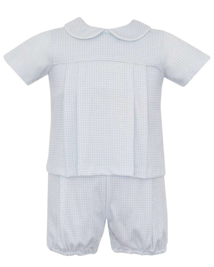 Baby short-sleeve romper in a light blue and white gingham check pattern, featuring a Peter Pan collar and front pleats, shown on a plain white background, that store