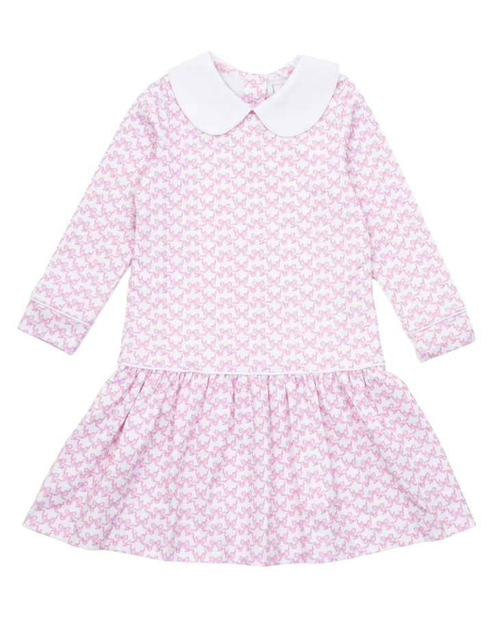 Pink floral dress with white collar on a white background