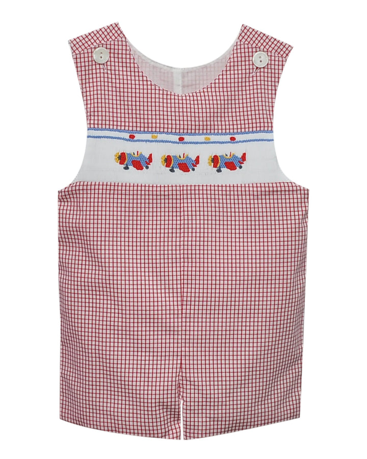 Red checkered children's romper with embroidered design on a white background, that store
