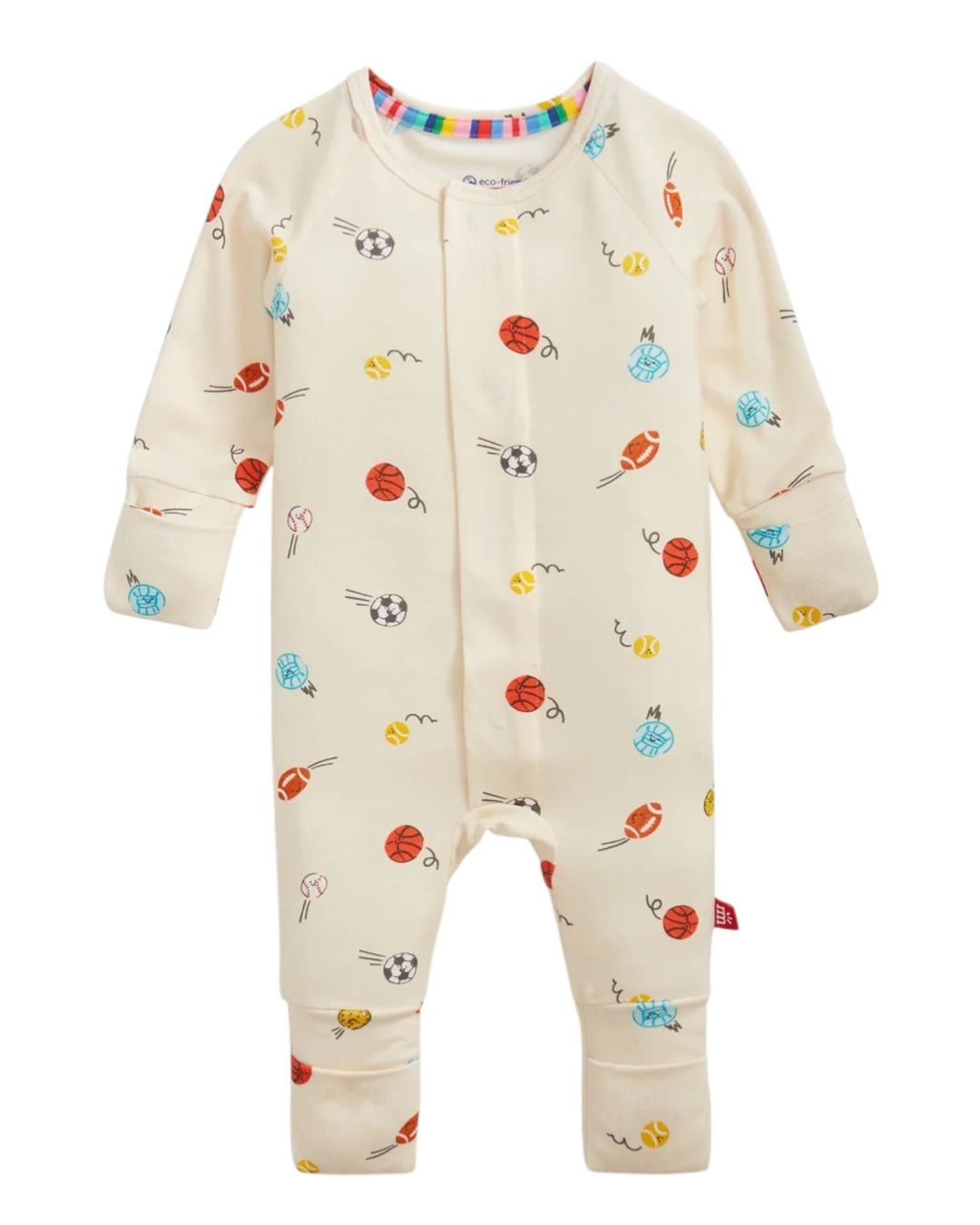 Baby onesie with colorful patterns on a white background