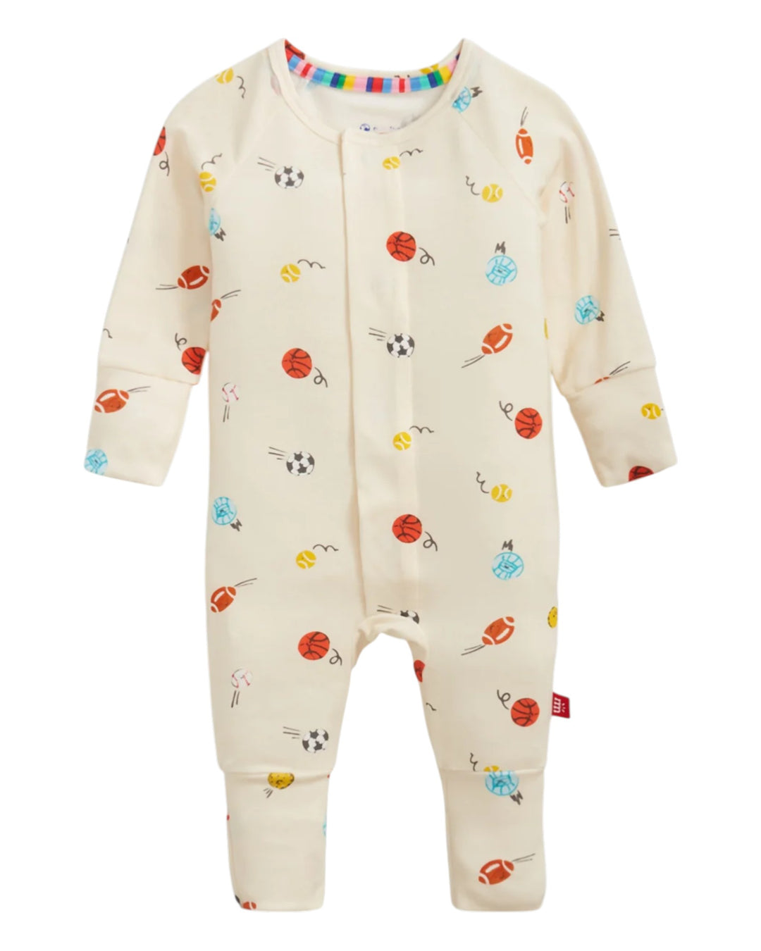 Baby onesie with colorful patterns on a white background