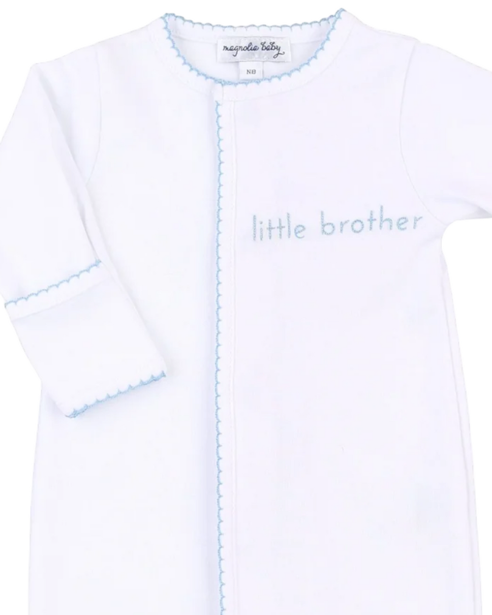 Little Brother Embroidered White/Blue Boys Footie, close up