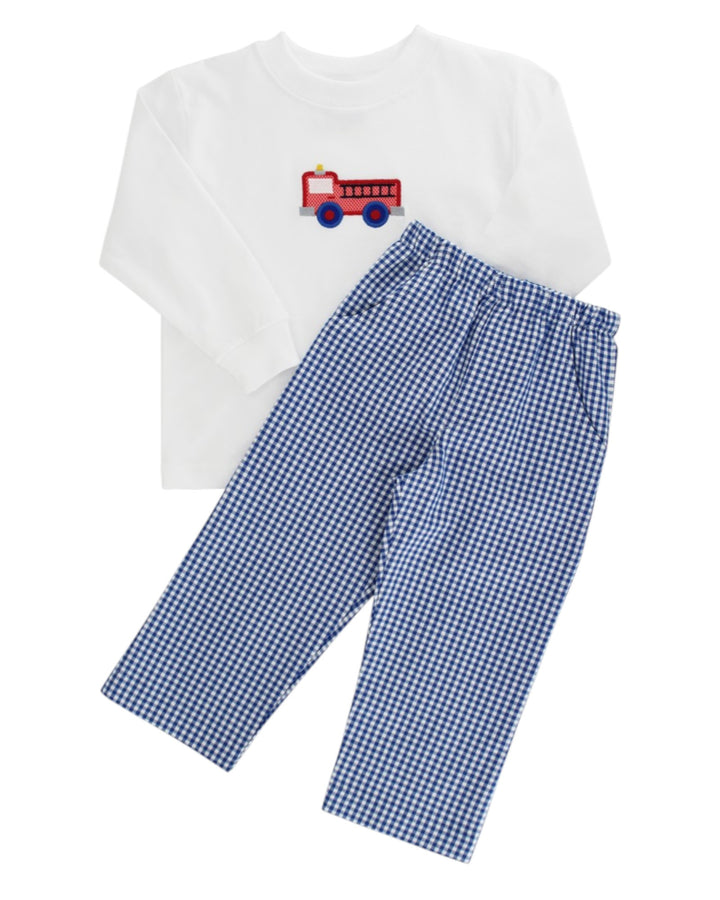 Children's outfit with white shirt and blue checkered pants featuring a red fire truck design on a white background.