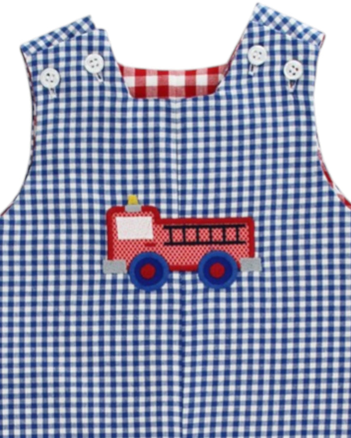 Little Engine Blue Check Boys Reversible John John