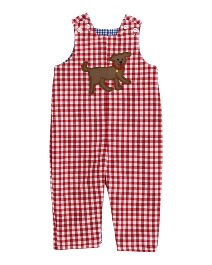 Red and white checkered overalls with a brown dog applique on a white background