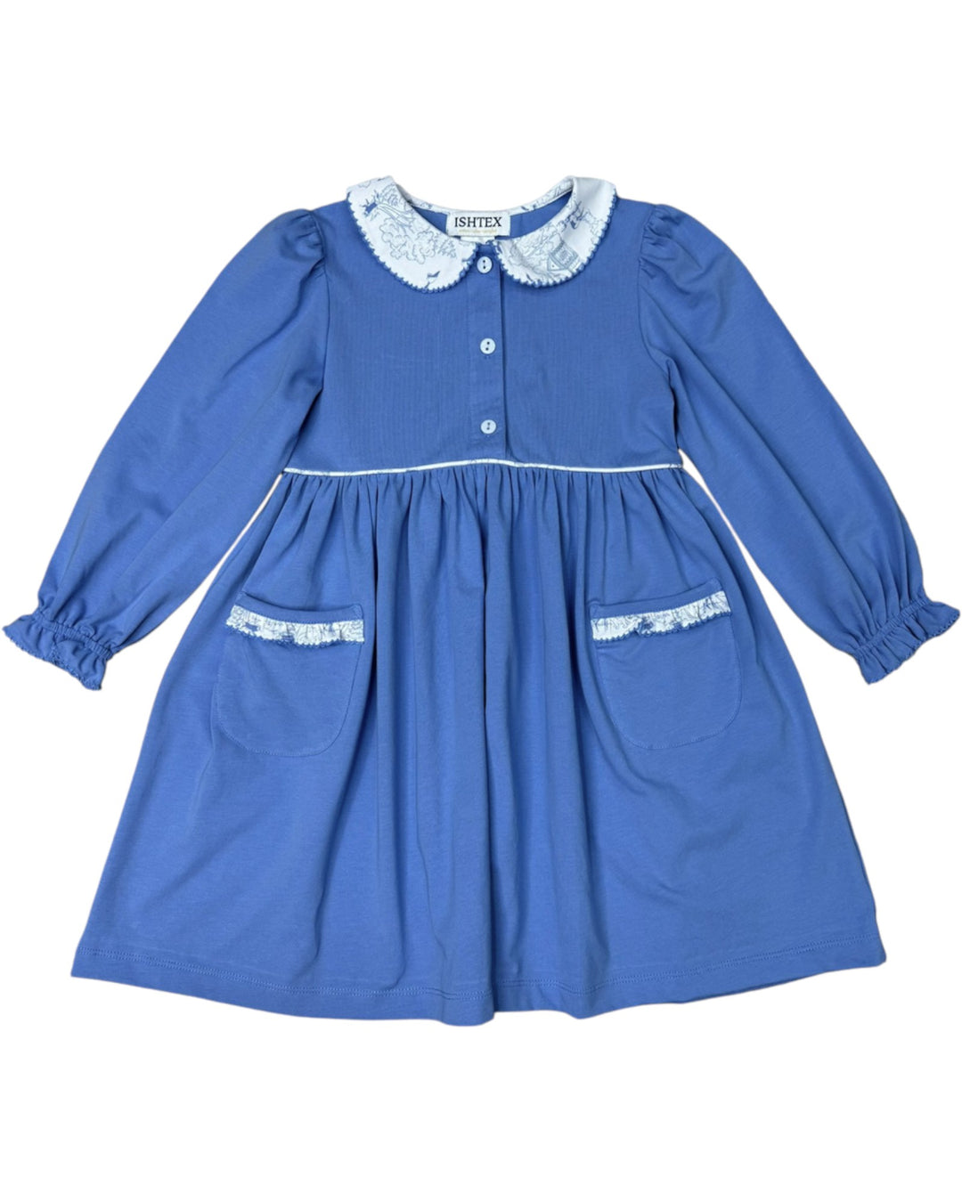 Blue dress with white lace details on a white background