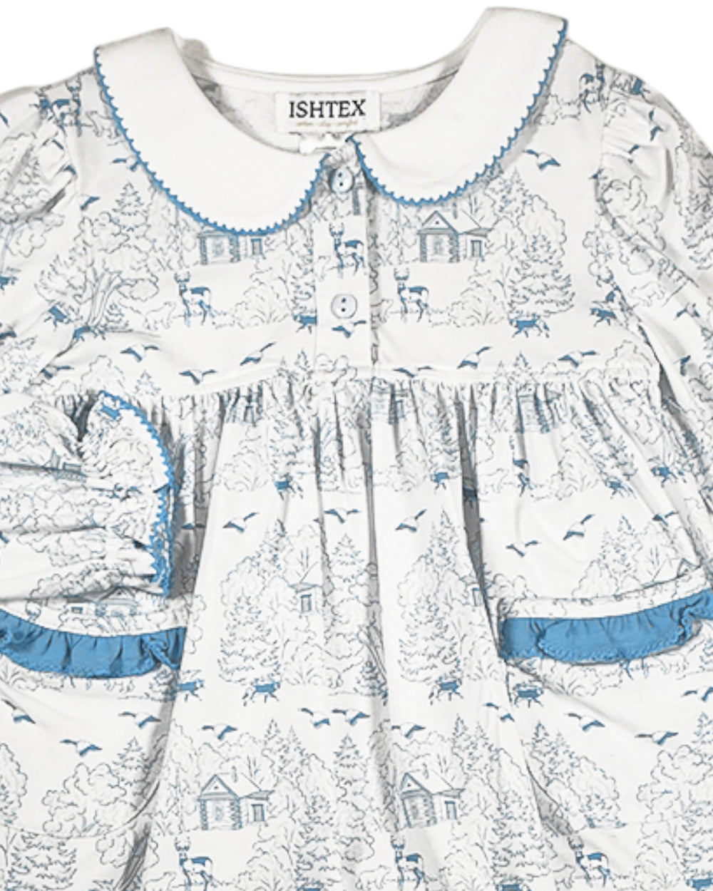 Children's dress with blue and white pattern on a white background, featuring the brand 'ISHTEX'.