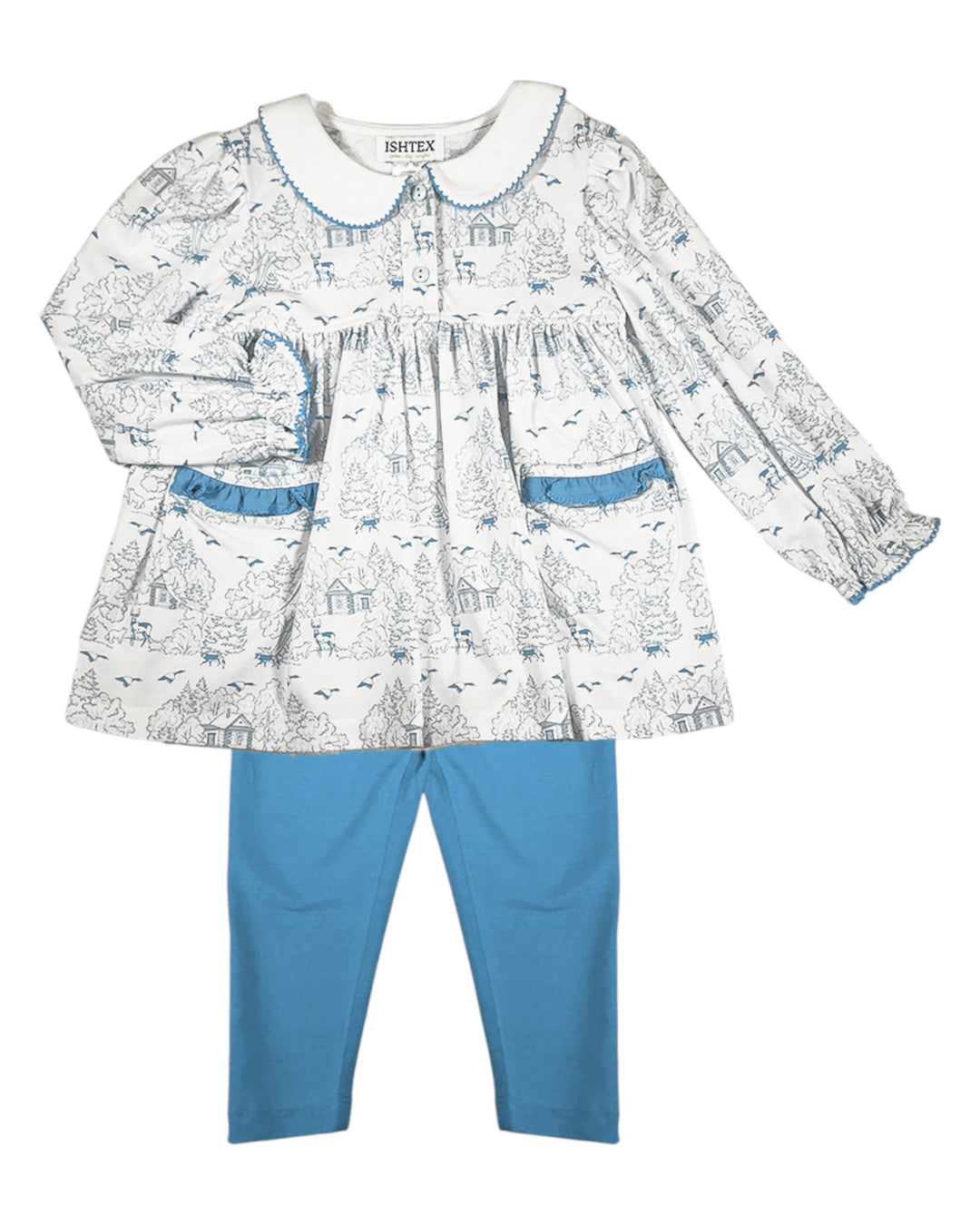 Children's outfit with patterned top and blue pants on a white background