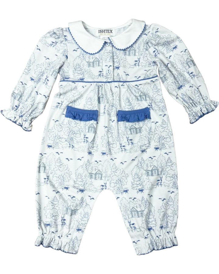 Baby romper with blue and white pattern on a white background