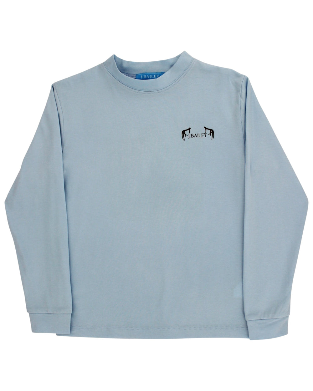 A light blue long-sleeve crewneck sweatshirt with a small black embroidered logo on the left chest, displayed flat against a white background, that store