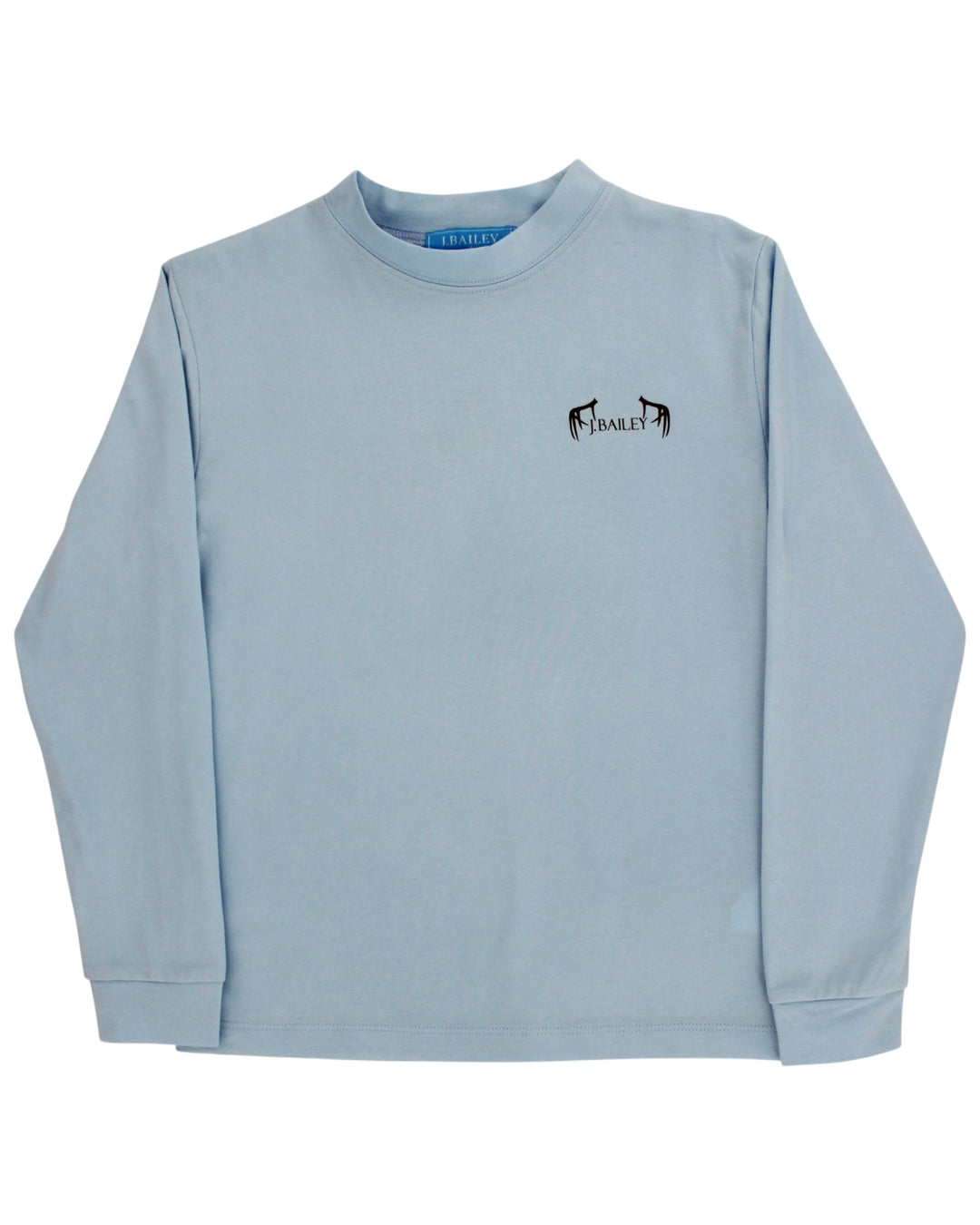 A light blue long-sleeve crewneck sweatshirt with a small black embroidered logo on the left chest, displayed flat against a white background, that store