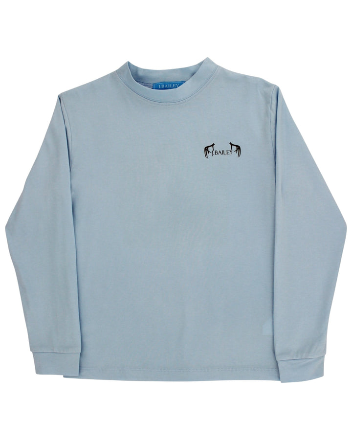 A light blue long-sleeve crewneck sweatshirt with a small black embroidered logo on the left chest, displayed flat against a white background, that store