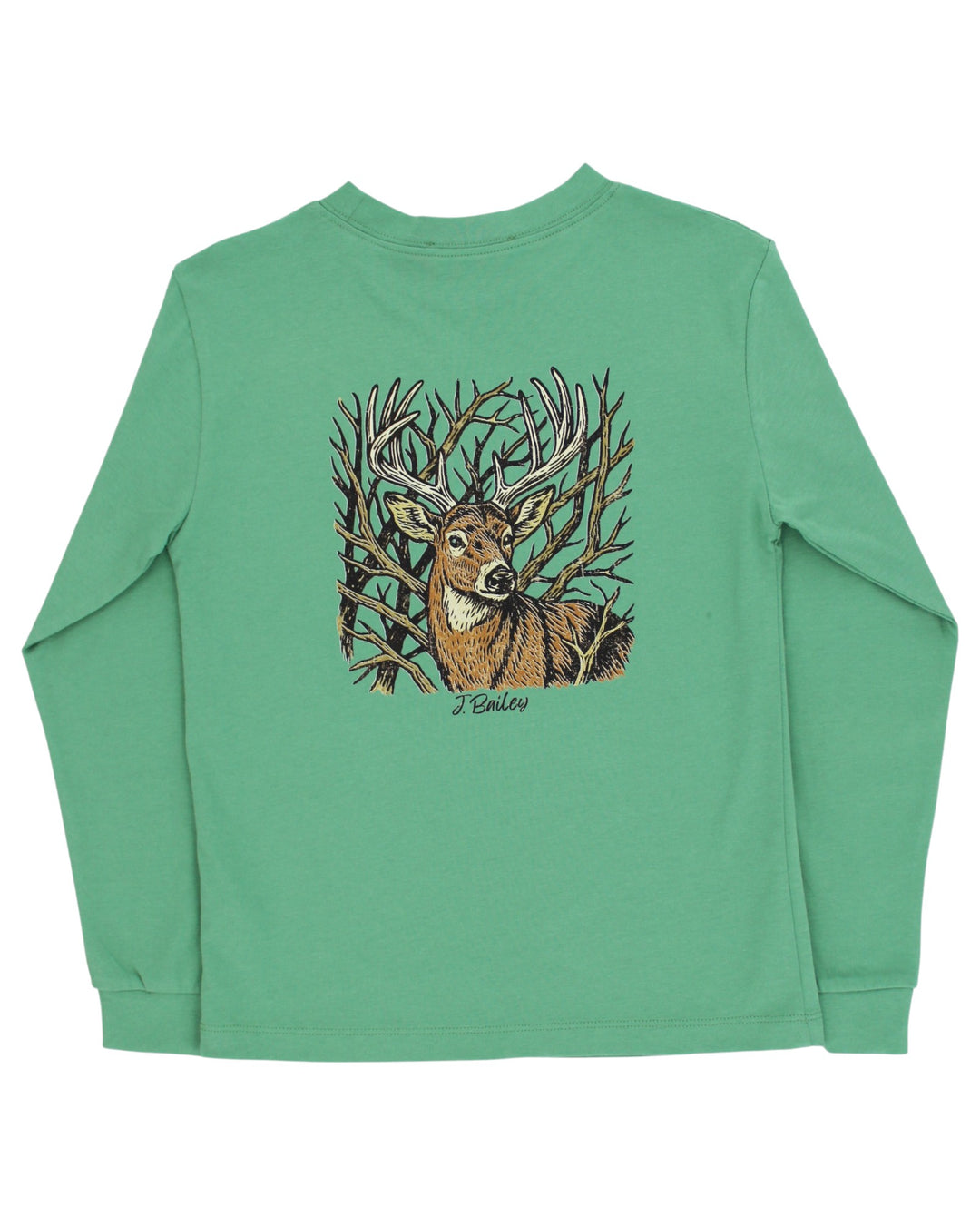 A green long-sleeve t-shirt with a detailed graphic of a deer in the woods on the chest, featuring the brand name &