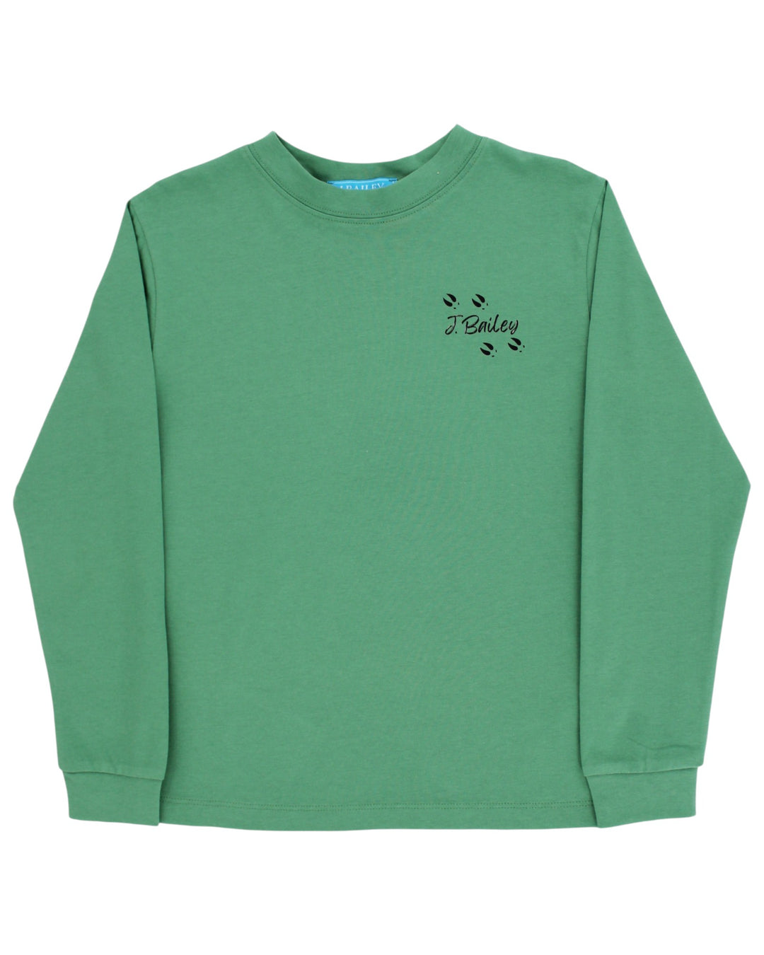 A green long-sleeve crewneck sweatshirt with a small black embroidered J.Boyle logo and horse silhouette on the left chest, displayed on a clean white background, that store