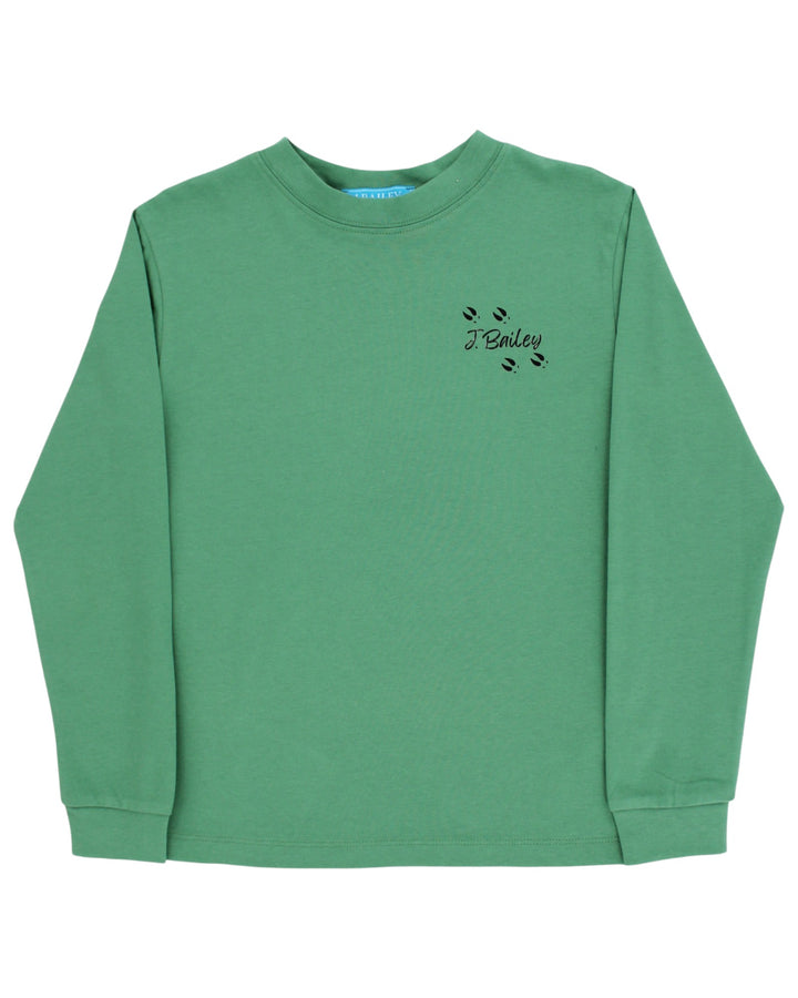A green long-sleeve crewneck sweatshirt with a small black embroidered J.Boyle logo and horse silhouette on the left chest, displayed on a clean white background, that store
